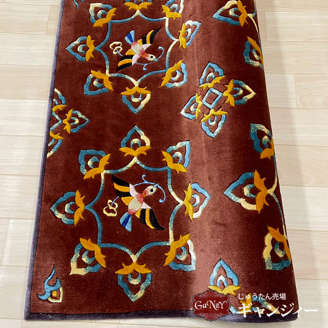 A1 中国緞通シルク-八弁花鳥文 65×65
