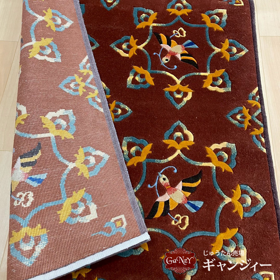 A1 中国緞通シルク-八弁花鳥文 65×65